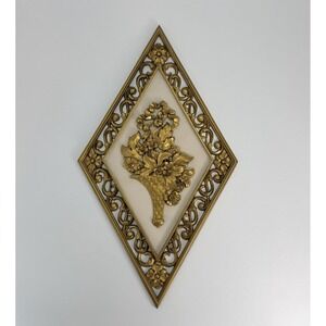 Syroco Gold Diamond Wall Art Plaque Flower Basket  USA No. 4271
